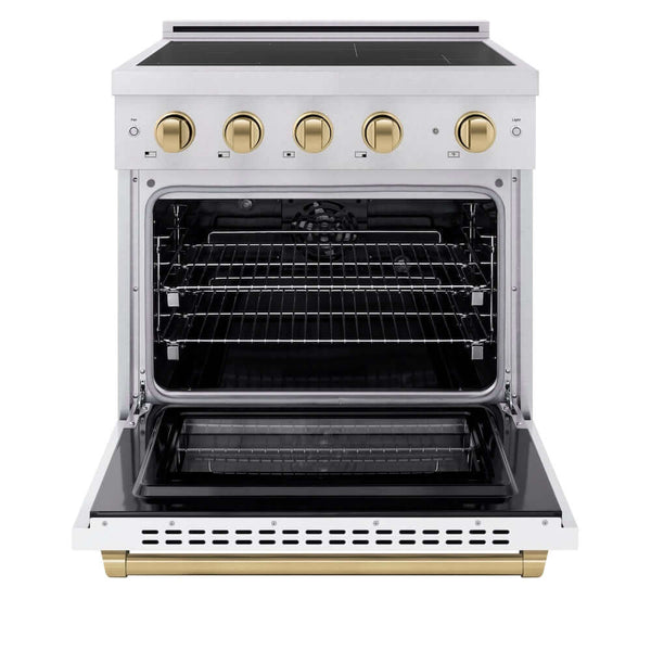 ZLINE Autograph Edition 30 in. 4.2 cu. ft. Paramount Induction Range with 4 Element Cooktop and Electric Convection Oven in Stainless Steel with White Matte Door and Champagne Bronze Accents, Open Box-Good Condition