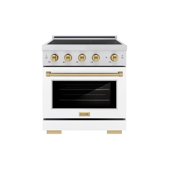 ZLINE Autograph Edition 30 in. 4.2 cu. ft. Paramount Induction Range with 4 Element Cooktop and Electric Convection Oven in Stainless Steel with White Matte Door and Champagne Bronze Accents (SINRZ-WM-30-CB)
