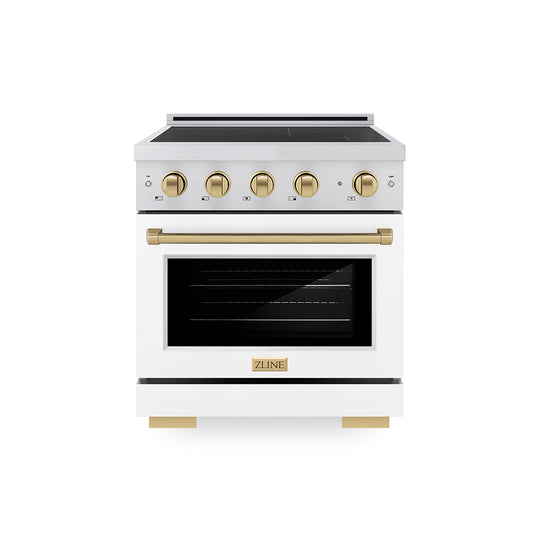 ZLINE Autograph Edition 30 in. 4.2 cu. ft. Paramount Induction Range with 4 Element Cooktop and Electric Convection Oven in Stainless Steel with White Matte Door and Champagne Bronze Accents, Open Box-Great Condition
