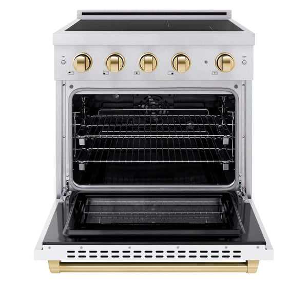 ZLINE Autograph Edition 30 in. 4.2 cu. ft. Paramount Induction Range with 4 Element Cooktop and Electric Convection Oven in Stainless Steel with White Matte Door and Polished Gold Accents, Open Box-Good Condition