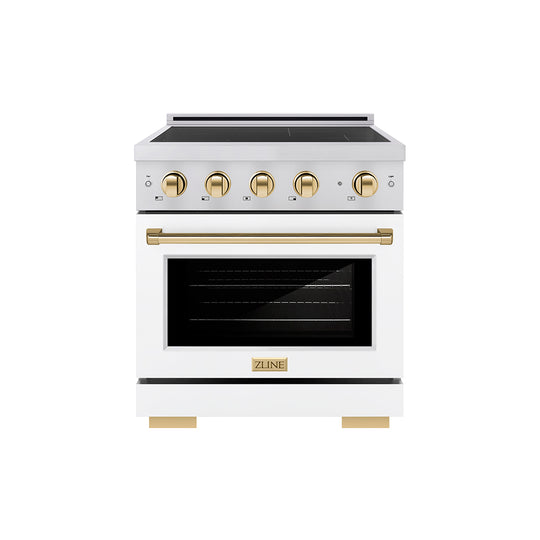 ZLINE Autograph Edition 30 in. 4.2 cu. ft. Paramount Induction Range with 4 Element Cooktop and Electric Convection Oven in Stainless Steel with White Matte Door and Polished Gold Accents (SINRZ-WM-30-G)