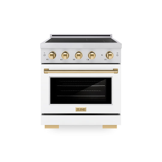ZLINE Autograph Edition 30 in. 4.2 cu. ft. Paramount Induction Range with 4 Element Cooktop and Electric Convection Oven in Stainless Steel with White Matte Door and Polished Gold Accents, Open Box-Great Condition