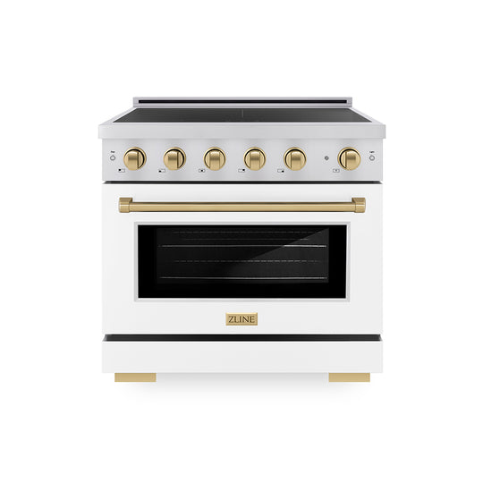 ZLINE Autograph Edition 36 in. 5.2 cu. ft. Paramount Induction Range with 5 Element Cooktop and Electric Convection Oven in Stainless Steel with White Matte Door and Champagne Bronze Accents, Open Box-Great Condition