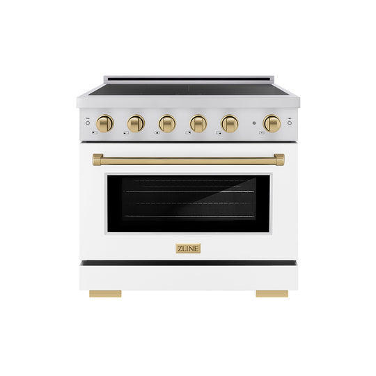 ZLINE Autograph Edition 36 in. 5.2 cu. ft. Paramount Induction Range with 5 Element Cooktop and Electric Convection Oven in Stainless Steel with White Matte Door and Champagne Bronze Accents (SINRZ-WM-36-CB)