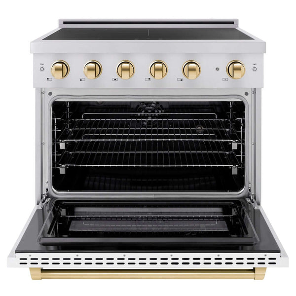ZLINE Autograph Edition 36 in. 5.2 cu. ft. Paramount Induction Range with 5 Element Cooktop and Electric Convection Oven in Stainless Steel with White Matte Door and Polished Gold Accents, Open Box-Good Condition