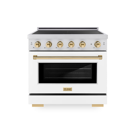 ZLINE Autograph Edition 36 in. 5.2 cu. ft. Paramount Induction Range with 5 Element Cooktop and Electric Convection Oven in Stainless Steel with White Matte Door and Polished Gold Accents, Open Box-Great Condition