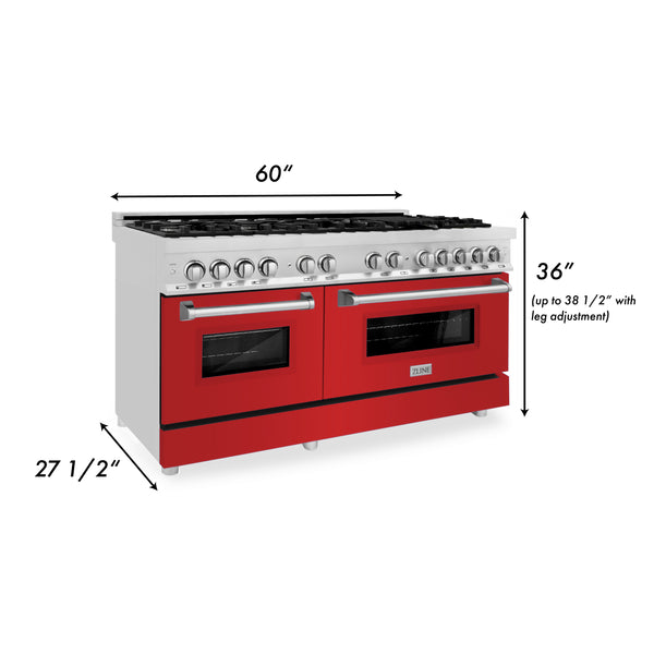 ZLINE 60 in. 7.4 cu. ft. Legacy Dual Fuel Range with 9 Burner Gas Cooktop and 2 Electric Convection Ovens in Stainless Steel and Red Matte Doors (RA-RM-60)