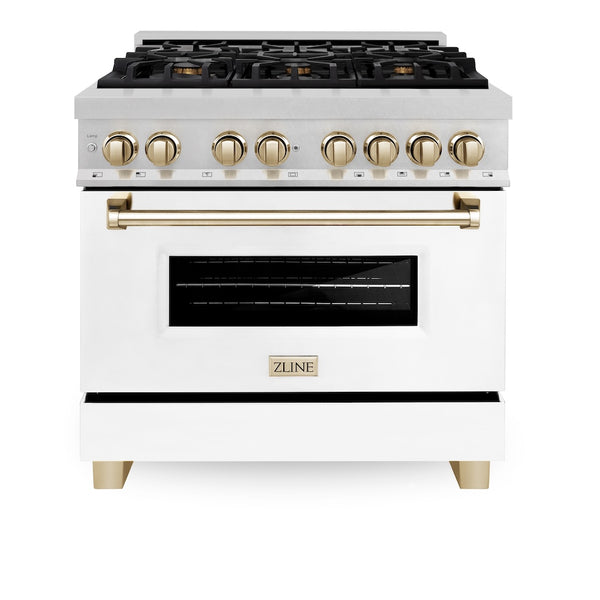 ZLINE Autograph Edition 36 in. 4.6 cu. ft. Legacy Dual Fuel Range with 6 Burner Gas Cooktop and Electric Convection Oven in Satin Stainless Steel with White Matte Door and Polished Gold Accents, Open Box-Great Condition