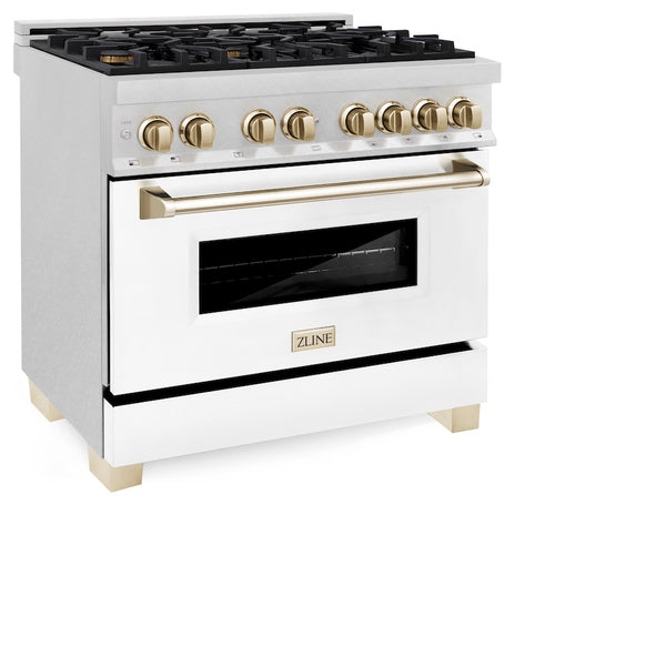 ZLINE Autograph Edition 36 in. 4.6 cu. ft. Legacy Dual Fuel Range with 6 Burner Gas Cooktop and Electric Convection Oven in Satin Stainless Steel with White Matte Door and Polished Gold Accents, Open Box-Great Condition