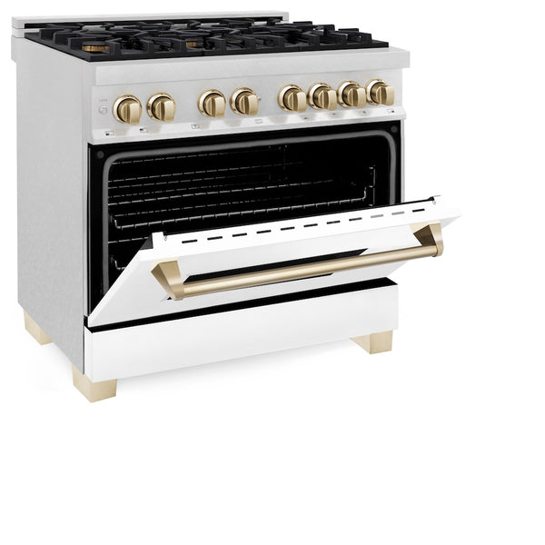 ZLINE Autograph Edition 36 in. 4.6 cu. ft. Legacy Dual Fuel Range with 6 Burner Gas Cooktop and Electric Convection Oven in Satin Stainless Steel with White Matte Door and Polished Gold Accents, Open Box-Great Condition