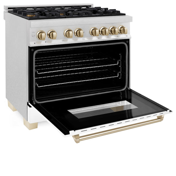 ZLINE Autograph Edition 36 in. 4.6 cu. ft. Legacy Dual Fuel Range with 6 Burner Gas Cooktop and Electric Convection Oven in Satin Stainless Steel with White Matte Door and Polished Gold Accents, Open Box-Great Condition
