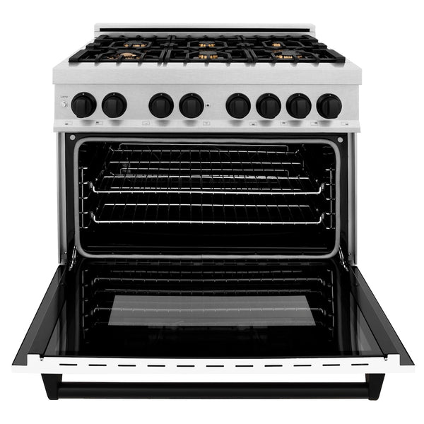 ZLINE Autograph Edition 36 in. 4.6 cu. ft. Legacy Dual Fuel Range with 6 Burner Gas Cooktop and Electric Convection Oven in Satin Stainless Steel with White Matte Door and Matte Black Accents, Open Box-Great Condition