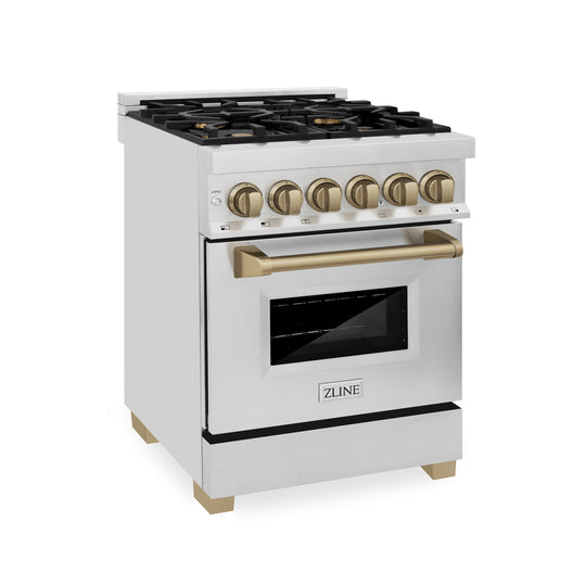 ZLINE Autograph Edition 24 in. 2.8 cu. ft. Legacy Dual Fuel Range with 4 Burner Gas Cooktop and Electric Convection Oven in Stainless Steel and Champagne Bronze Accents, Open Box-Great Condition