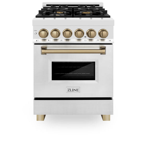 ZLINE Autograph Edition 24 in. 2.8 cu. ft. Legacy Dual Fuel Range with 4 Burner Gas Cooktop and Electric Convection Oven in Stainless Steel and Champagne Bronze Accents, Open Box-Great Condition