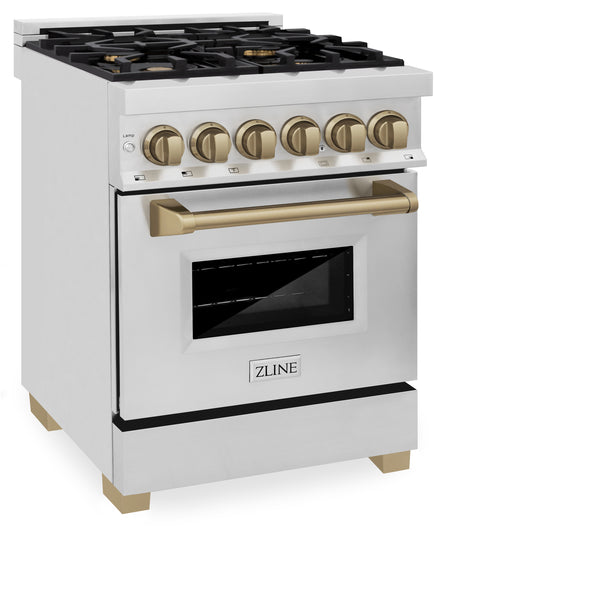 ZLINE Autograph Edition 24 in. 2.8 cu. ft. Legacy Dual Fuel Range with 4 Burner Gas Cooktop and Electric Convection Oven in Stainless Steel and Champagne Bronze Accents, Open Box-Great Condition