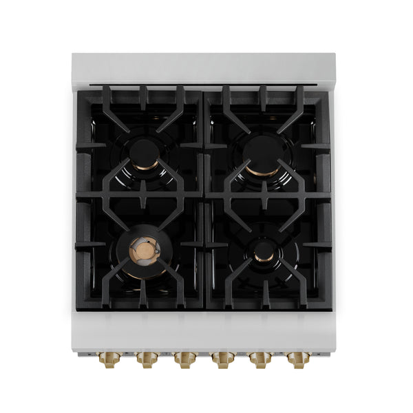 ZLINE Autograph Edition 24 in. 2.8 cu. ft. Legacy Dual Fuel Range with 4 Burner Gas Cooktop and Electric Convection Oven in Stainless Steel and Champagne Bronze Accents, Open Box-Great Condition