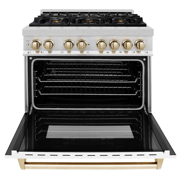 ZLINE Autograph Edition 36 in. 4.6 cu. ft. Legacy Dual Fuel Range with 6 Burner Gas Cooktop and Electric Convection Oven in Stainless Steel with White Matte Door and Polished Gold Accents, Open Box-Good Condition