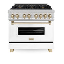 ZLINE Autograph Edition 36 in. 4.6 cu. ft. Legacy Dual Fuel Range with 6 Burner Gas Cooktop and Electric Convection Oven in Stainless Steel with White Matte Door and Polished Gold Accents, Open Box-Good Condition