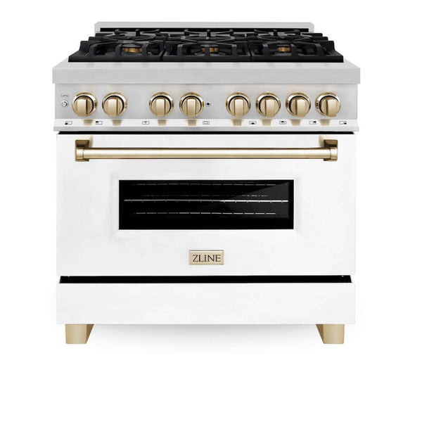 ZLINE Autograph Edition 36 in. 4.6 cu. ft. Legacy Dual Fuel Range with 6 Burner Gas Cooktop and Electric Convection Oven in Stainless Steel with White Matte Door and Polished Gold Accents, Open Box-Good Condition