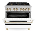 ZLINE Autograph Edition 36 in. 4.6 cu. ft. Legacy Dual Fuel Range with 6 Burner Gas Cooktop and Electric Convection Oven in Stainless Steel with White Matte Door and Polished Gold Accents, Open Box-Good Condition