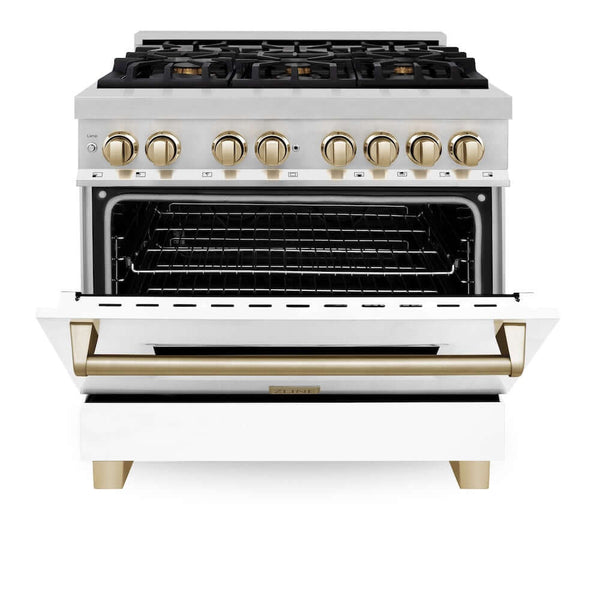 ZLINE Autograph Edition 36 in. 4.6 cu. ft. Legacy Dual Fuel Range with 6 Burner Gas Cooktop and Electric Convection Oven in Stainless Steel with White Matte Door and Polished Gold Accents, Open Box-Good Condition