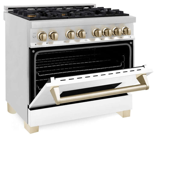 ZLINE Autograph Edition 36 in. 4.6 cu. ft. Legacy Dual Fuel Range with 6 Burner Gas Cooktop and Electric Convection Oven in Stainless Steel with White Matte Door and Polished Gold Accents, Open Box-Good Condition