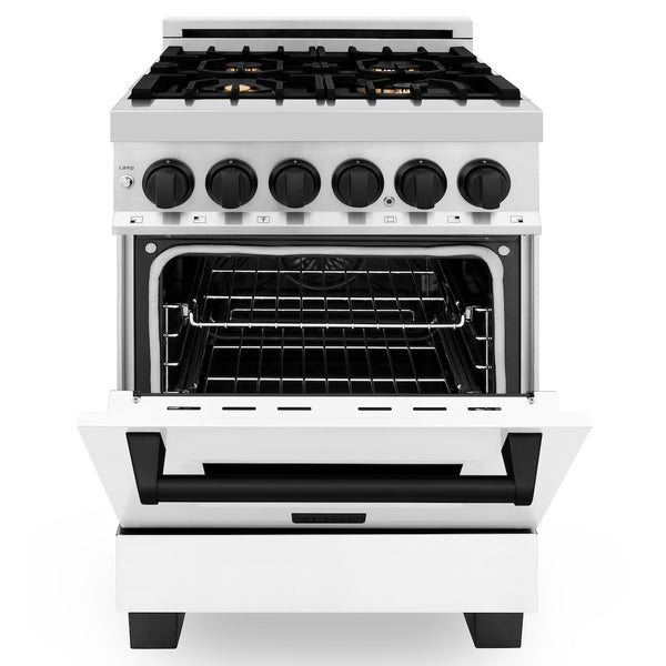 ZLINE Autograph Edition 24 in. 2.8 cu. ft. Legacy Dual Fuel Range with 4 Burner Gas Cooktop and Electric Convection Oven in Stainless Steel with White Matte Door and Matte Black Accents, Open Box-Great Condition