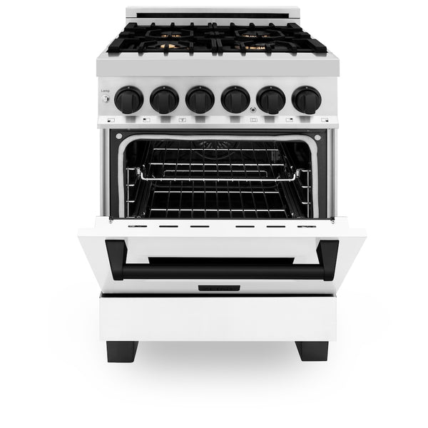 ZLINE Autograph Edition 24 in. 2.8 cu. ft. Legacy Dual Fuel Range with 4 Burner Gas Cooktop and Electric Convection Oven in Stainless Steel with White Matte Door and Matte Black Accents, Open Box-Great Condition