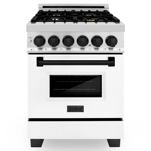 ZLINE Autograph Edition 24 in. 2.8 cu. ft. Legacy Dual Fuel Range with 4 Burner Gas Cooktop and Electric Convection Oven in Stainless Steel with White Matte Door and Matte Black Accents, Open Box-Great Condition
