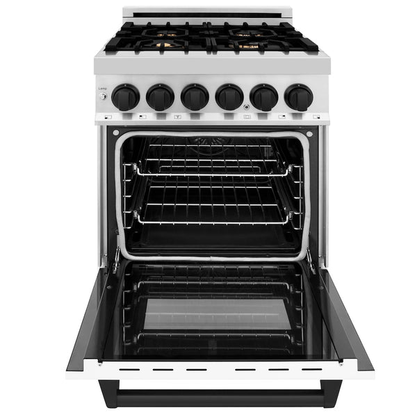 ZLINE Autograph Edition 24 in. 2.8 cu. ft. Legacy Dual Fuel Range with 4 Burner Gas Cooktop and Electric Convection Oven in Stainless Steel with White Matte Door and Matte Black Accents, Open Box-Great Condition