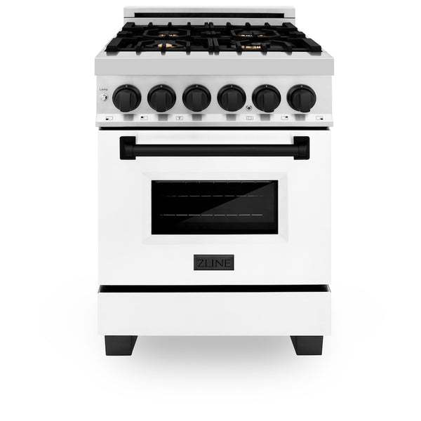 ZLINE Autograph Edition 24 in. 2.8 cu. ft. Legacy Dual Fuel Range with 4 Burner Gas Cooktop and Electric Convection Oven in Stainless Steel with White Matte Door and Matte Black Accents, Open Box-Great Condition