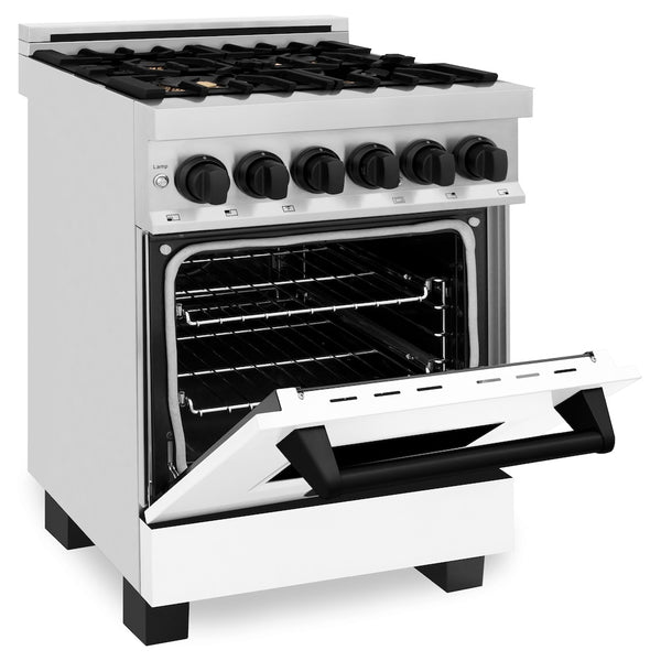 ZLINE Autograph Edition 24 in. 2.8 cu. ft. Legacy Dual Fuel Range with 4 Burner Gas Cooktop and Electric Convection Oven in Stainless Steel with White Matte Door and Matte Black Accents, Open Box-Great Condition