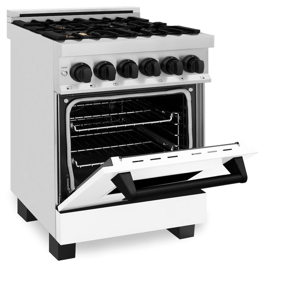 ZLINE Autograph Edition 24 in. 2.8 cu. ft. Legacy Dual Fuel Range with 4 Burner Gas Cooktop and Electric Convection Oven in Stainless Steel with White Matte Door and Matte Black Accents, Open Box-Great Condition