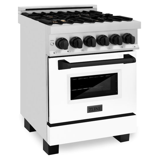 ZLINE Autograph Edition 24 in. 2.8 cu. ft. Legacy Dual Fuel Range with 4 Burner Gas Cooktop and Electric Convection Oven in Stainless Steel with White Matte Door and Matte Black Accents, Open Box-Great Condition