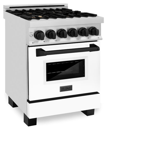 ZLINE Autograph Edition 24 in. 2.8 cu. ft. Legacy Dual Fuel Range with 4 Burner Gas Cooktop and Electric Convection Oven in Stainless Steel with White Matte Door and Matte Black Accents, Open Box-Great Condition