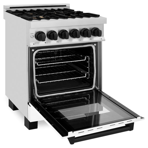 ZLINE Autograph Edition 24 in. 2.8 cu. ft. Legacy Dual Fuel Range with 4 Burner Gas Cooktop and Electric Convection Oven in Stainless Steel with White Matte Door and Matte Black Accents, Open Box-Great Condition