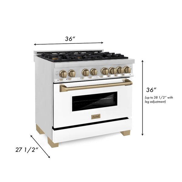 ZLINE Autograph Edition 36 in. 4.6 cu. ft. Legacy Dual Fuel Range with 6 Burner Gas Cooktop and Electric Convection Oven in Satin Stainless Steel with White Matte Door and Champagne Bronze Accents, Open Box-Great Condition