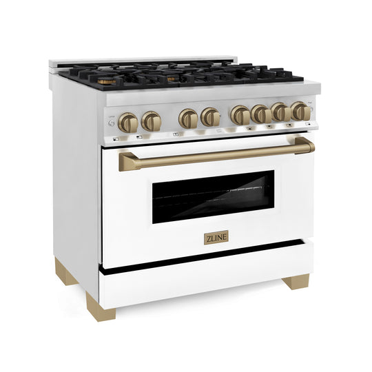 ZLINE Autograph Edition 36 in. 4.6 cu. ft. Legacy Dual Fuel Range with 6 Burner Gas Cooktop and Electric Convection Oven in Stainless Steel with White Matte Door and Champagne Bronze Accents, Open Box-Great Condition