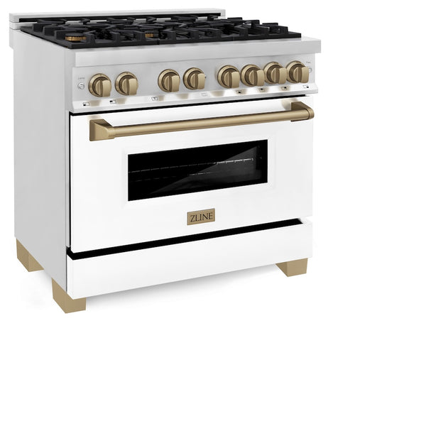 ZLINE Autograph Edition 36 in. 4.6 cu. ft. Legacy Dual Fuel Range with 6 Burner Gas Cooktop and Electric Convection Oven in Satin Stainless Steel with White Matte Door and Champagne Bronze Accents, Open Box-Great Condition