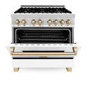 ZLINE Autograph Edition 36 in. 4.6 cu. ft. Legacy Dual Fuel Range with 6 Burner Gas Cooktop and Electric Convection Oven in Stainless Steel with White Matte Door and Polished Gold Accents, Open Box-Great Condition