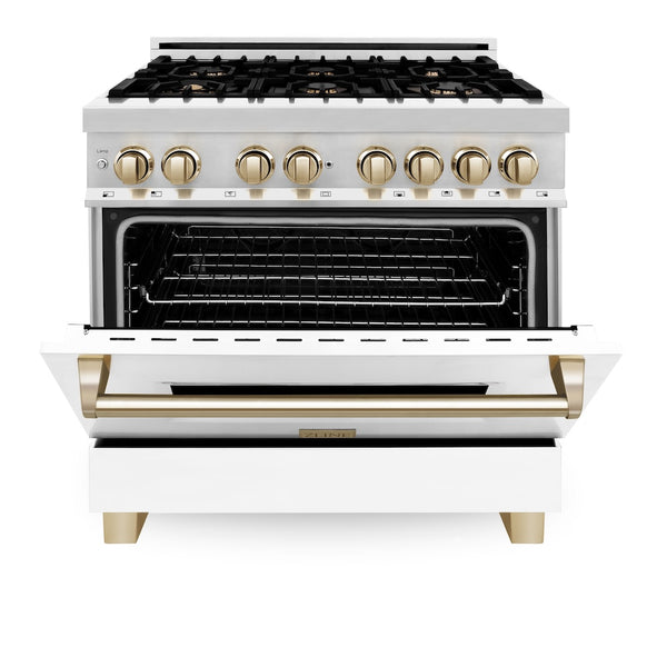 ZLINE Autograph Edition 36 in. 4.6 cu. ft. Legacy Dual Fuel Range with 6 Burner Gas Cooktop and Electric Convection Oven in Stainless Steel with White Matte Door and Polished Gold Accents, Open Box-Great Condition
