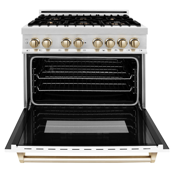 ZLINE Autograph Edition 36 in. 4.6 cu. ft. Legacy Dual Fuel Range with 6 Burner Gas Cooktop and Electric Convection Oven in Stainless Steel with White Matte Door and Polished Gold Accents, Open Box-Great Condition