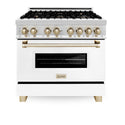 ZLINE Autograph Edition 36 in. 4.6 cu. ft. Legacy Dual Fuel Range with 6 Burner Gas Cooktop and Electric Convection Oven in Stainless Steel with White Matte Door and Polished Gold Accents, Open Box-Great Condition