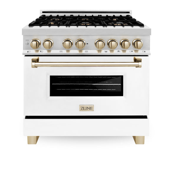 ZLINE Autograph Edition 36 in. 4.6 cu. ft. Legacy Dual Fuel Range with 6 Burner Gas Cooktop and Electric Convection Oven in Stainless Steel with White Matte Door and Polished Gold Accents, Open Box-Great Condition