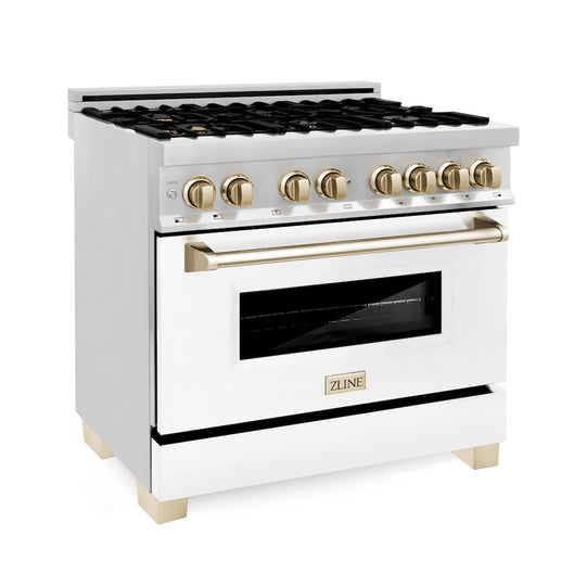 ZLINE Autograph Edition 36 in. 4.6 cu. ft. Legacy Dual Fuel Range with 6 Burner Gas Cooktop and Electric Convection Oven in Stainless Steel with White Matte Door and Polished Gold Accents, Open Box-Great Condition