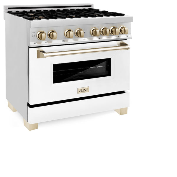 ZLINE Autograph Edition 36 in. 4.6 cu. ft. Legacy Dual Fuel Range with 6 Burner Gas Cooktop and Electric Convection Oven in Stainless Steel with White Matte Door and Polished Gold Accents, Open Box-Great Condition