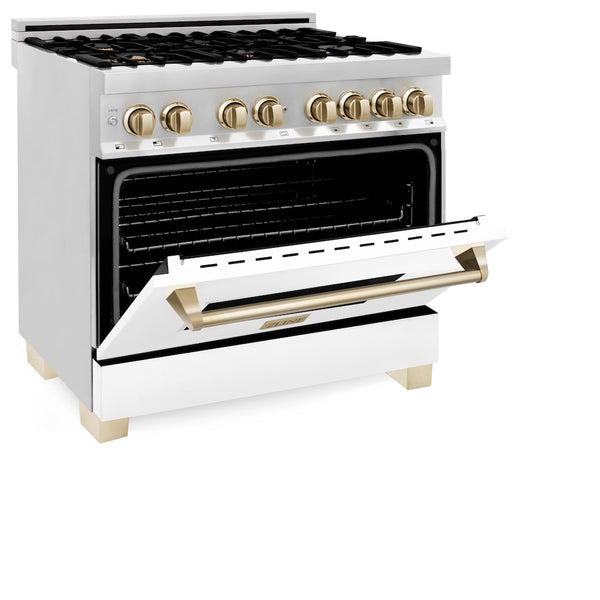ZLINE Autograph Edition 36 in. 4.6 cu. ft. Legacy Dual Fuel Range with 6 Burner Gas Cooktop and Electric Convection Oven in Stainless Steel with White Matte Door and Polished Gold Accents, Open Box-Great Condition