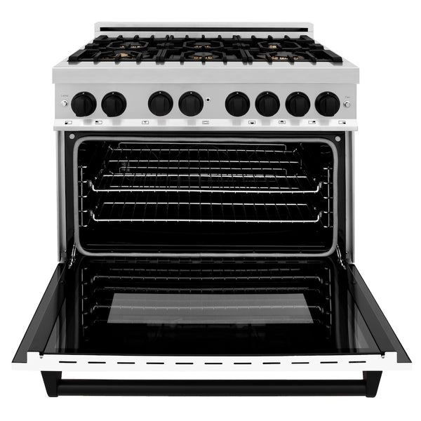 ZLINE Autograph Edition 36 in. 4.6 cu. ft. Legacy Dual Fuel Range with 6 Burner Gas Cooktop and Electric Convection Oven in Stainless Steel with White Matte Door and Matte Black Accents, Open Box-Great Condition