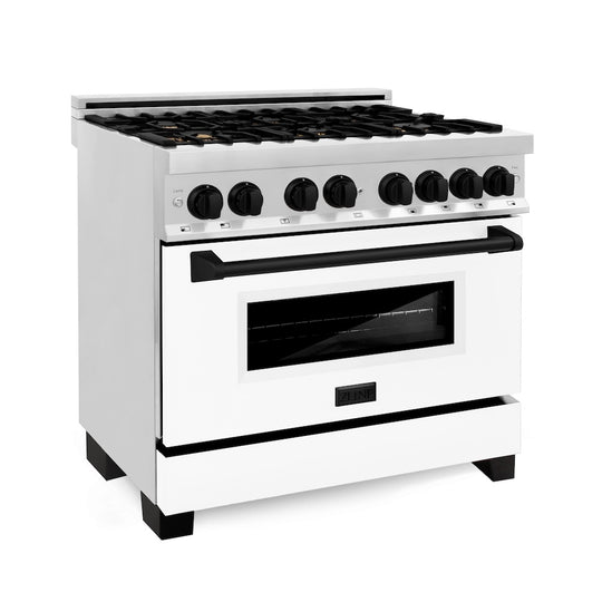 ZLINE Autograph Edition 36 in. 4.6 cu. ft. Legacy Dual Fuel Range with 6 Burner Gas Cooktop and Electric Convection Oven in Stainless Steel with White Matte Door and Matte Black Accents, Open Box-Great Condition