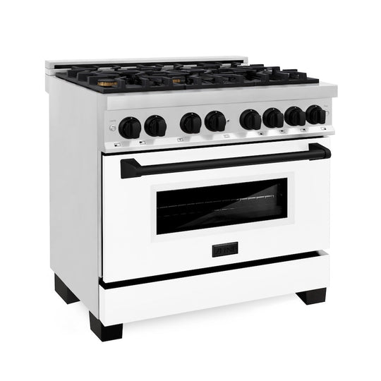 ZLINE Autograph Edition 36 in. 4.6 cu. ft. Legacy Dual Fuel Range with 6 Burner Gas Cooktop and Electric Convection Oven in Stainless Steel with White Matte Door and Matte Black Accents, Open Box-Good Condition